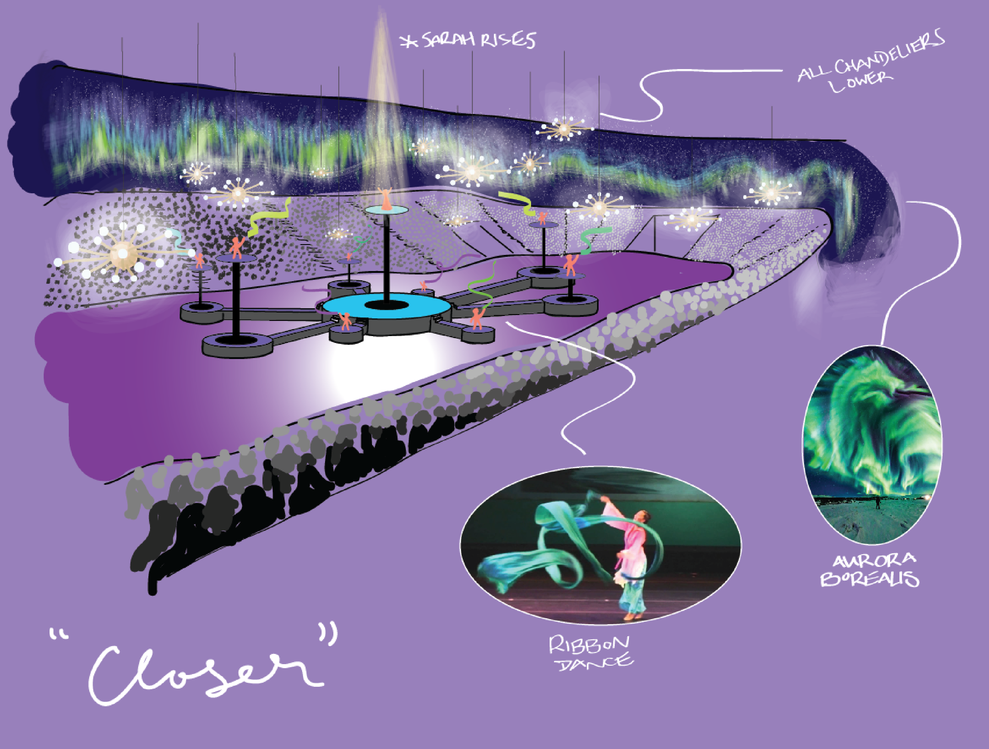 Digital artistic rendering of a set design for the Dreamchaser tour
